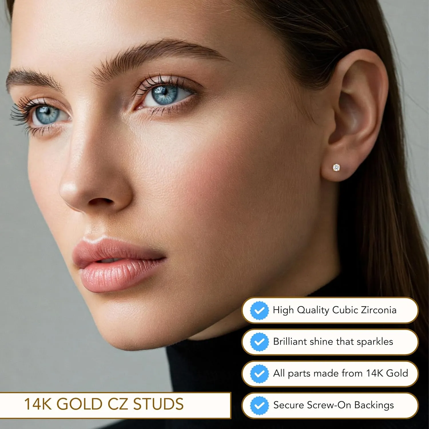14k Yellow Gold Solitaire Round Cubic Zirconia Stud Earrings in Secure Screw-backs