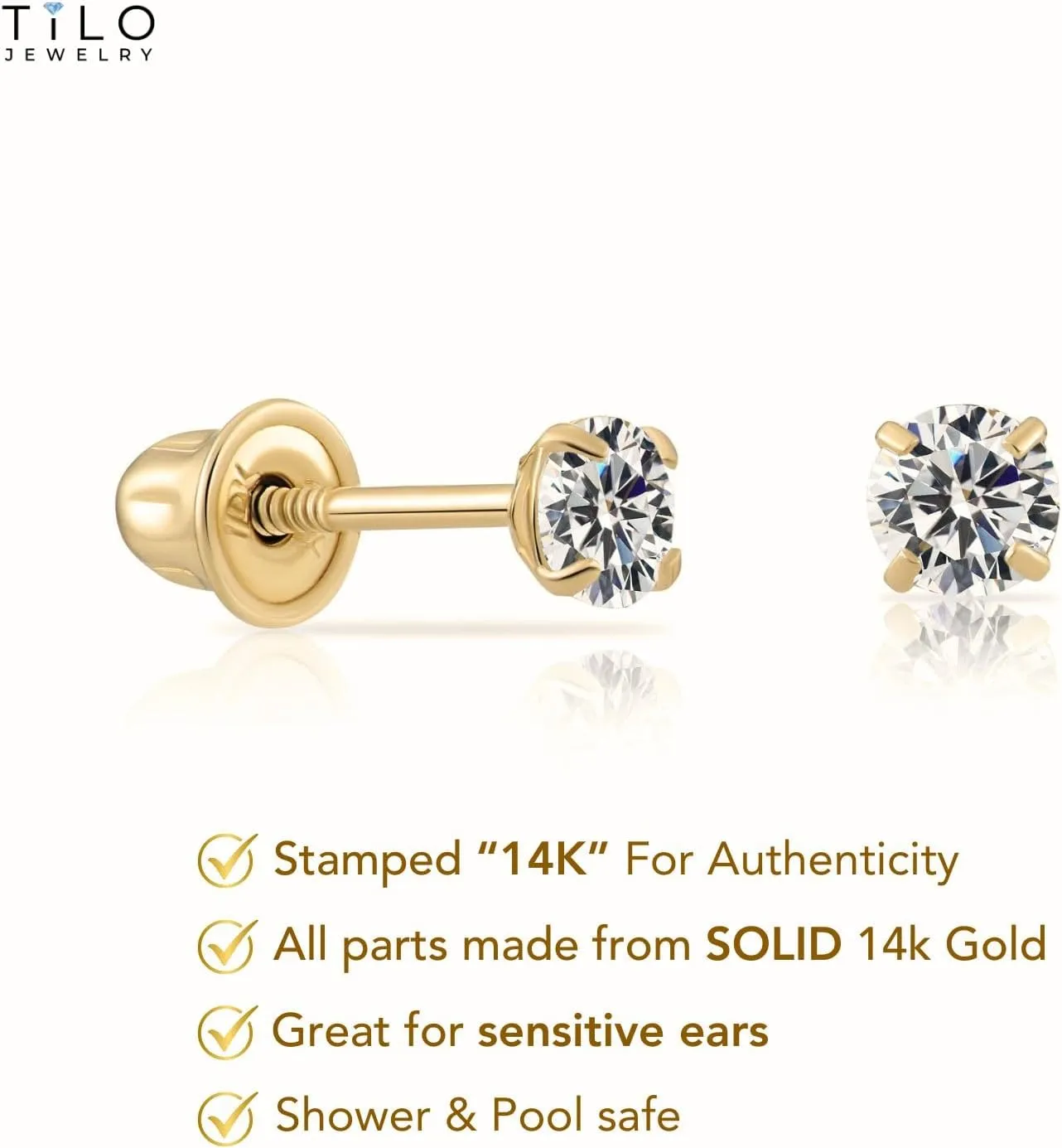 14k Yellow Gold Solitaire Round Cubic Zirconia Stud Earrings in Secure Screw-backs