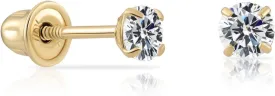 14k Yellow Gold Solitaire Round Cubic Zirconia Stud Earrings in Secure Screw-backs