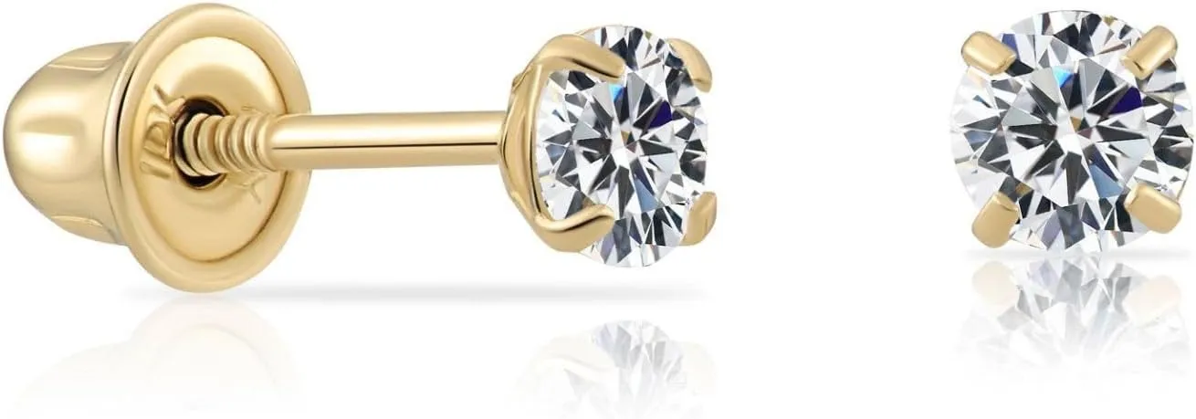 14k Yellow Gold Solitaire Round Cubic Zirconia Stud Earrings in Secure Screw-backs