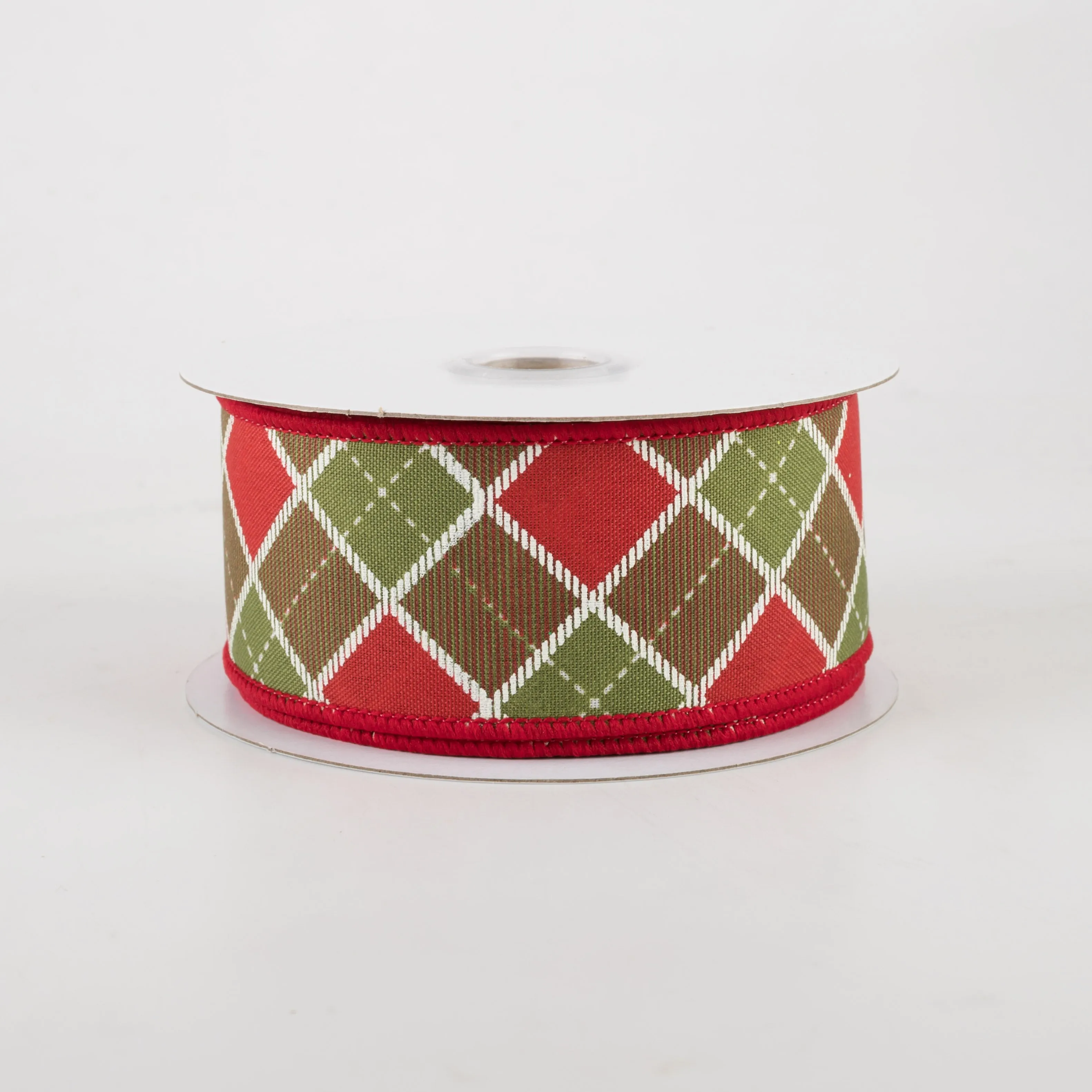 1.5" Diagonal Bonnie Check Ribbon: Moss & Red (10 Yards)