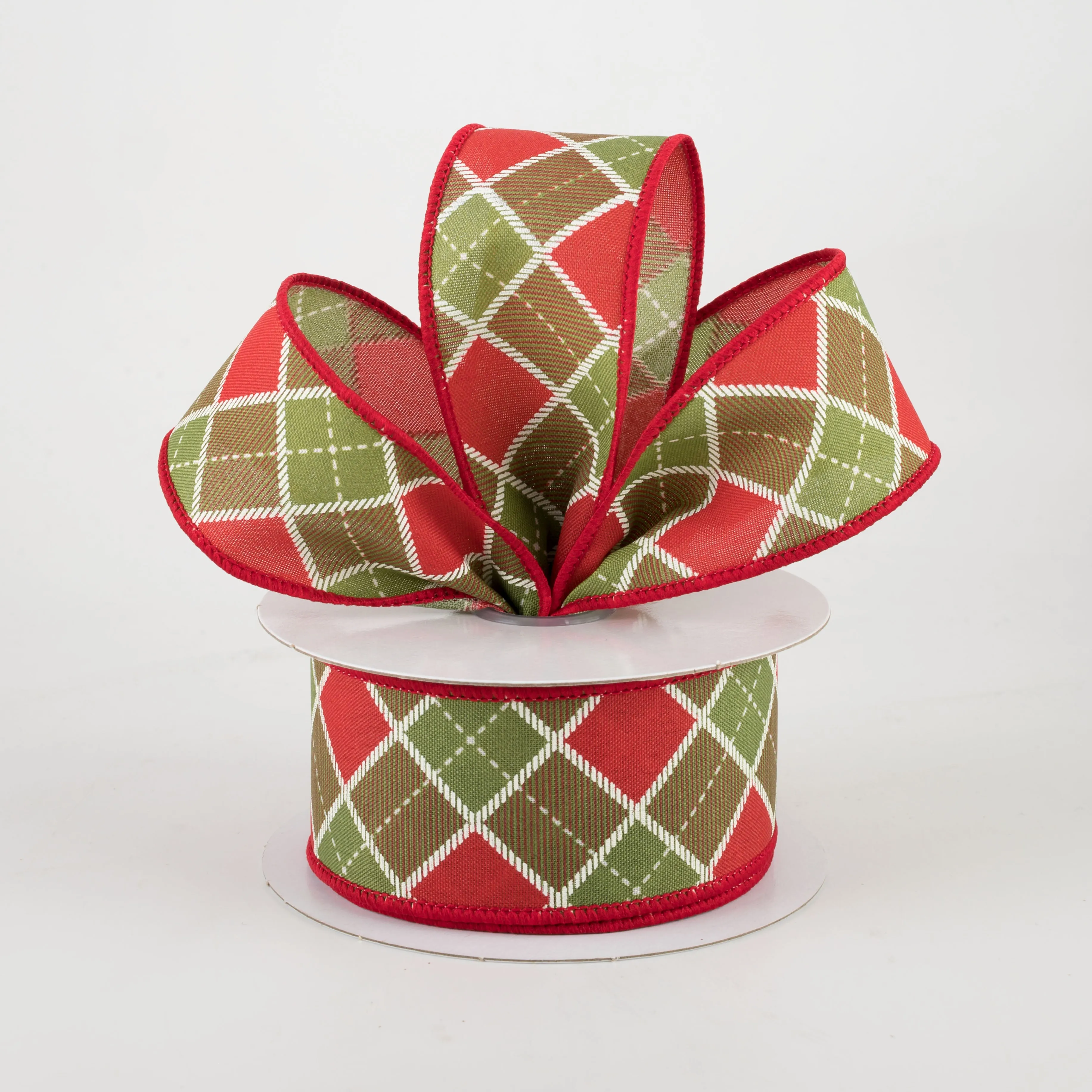 1.5" Diagonal Bonnie Check Ribbon: Moss & Red (10 Yards)