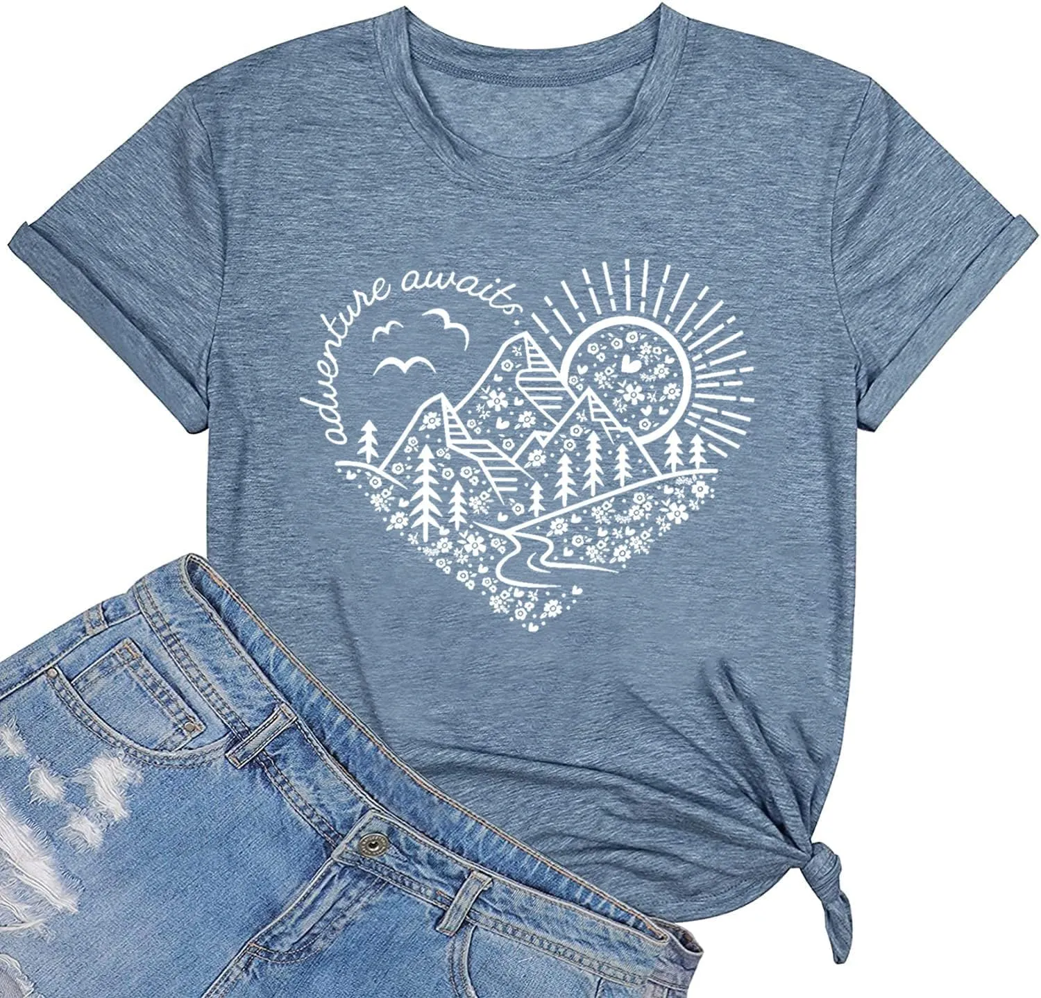 Adventure Awaits T-Shirt Women Nature Hiking Mountain Camping T Shirt Travel Outdoor Casual Vacation Tops Tees