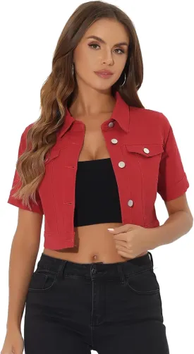 Allegra K Casual Jacket for Women's Short Sleeves Crop Jean Denim Jacket