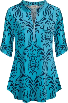 BEPEI Womens Floral 3/4 Sleeve Shirts Zip up V Neck Work Chiffon Blouses Top