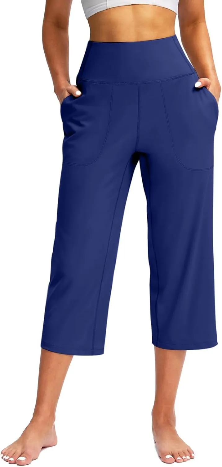 Capri Pants for Women Summer Wide Leg Capri Pants with Pockets Tummy Control Yoga Capris Plus Size Cropped Pants