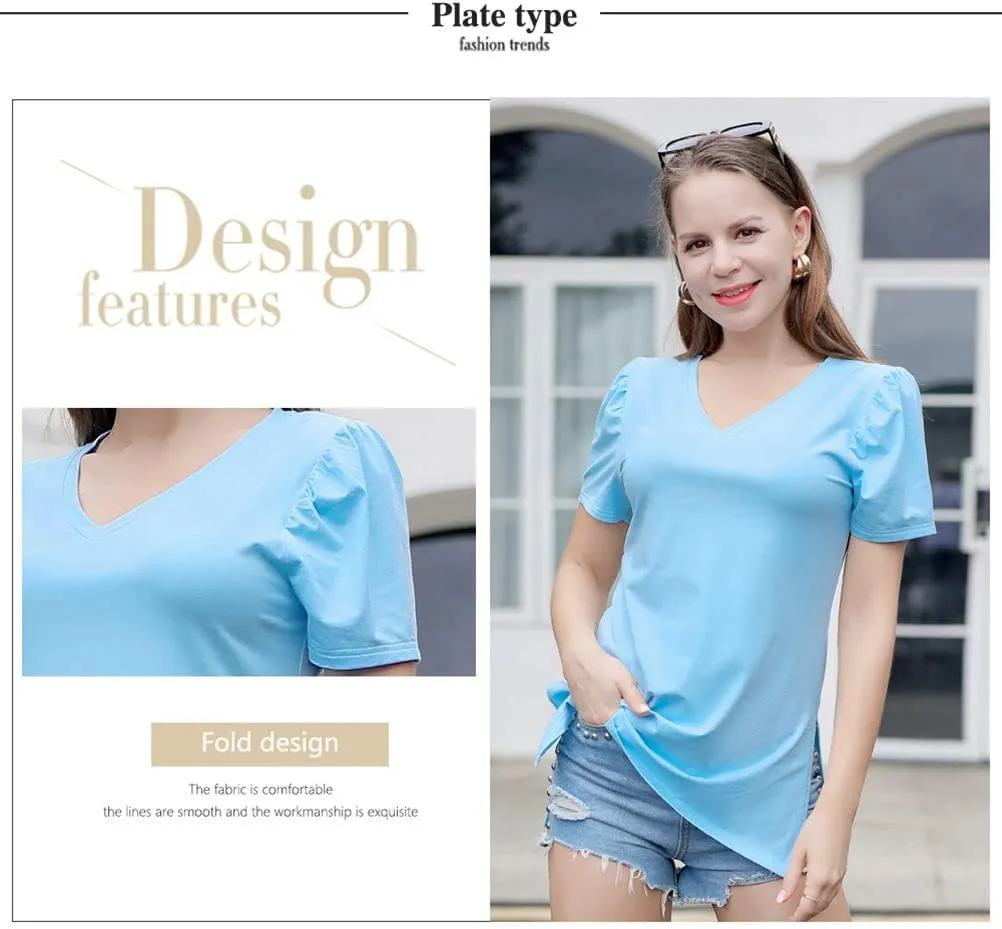 Casual V-Neck T-Shirts for Women, Short Sleeve Ladies Basic Tshirt, Soft Cotton Tee Summer Tops Tunic Under Shirt