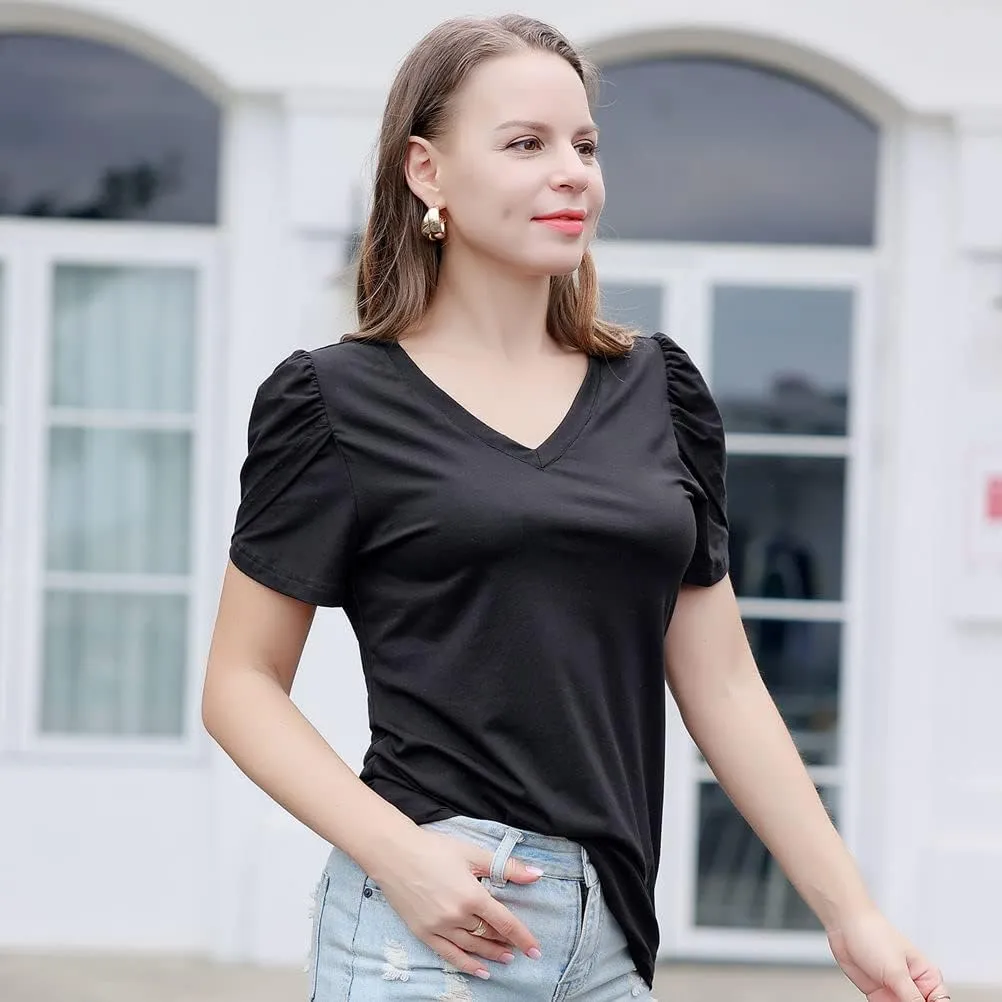 Casual V-Neck T-Shirts for Women, Short Sleeve Ladies Basic Tshirt, Soft Cotton Tee Summer Tops Tunic Under Shirt