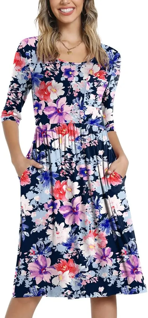 CATHY Women's 3/4 Sleeve 2025 Casual High Waist Round Neck Midi Dress with Pockets