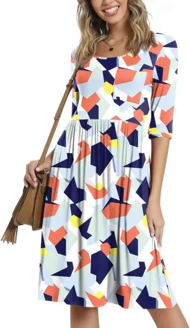 CATHY Women's 3/4 Sleeve 2025 Casual High Waist Round Neck Midi Dress with Pockets