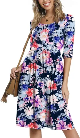 CATHY Women's 3/4 Sleeve 2025 Casual High Waist Round Neck Midi Dress with Pockets