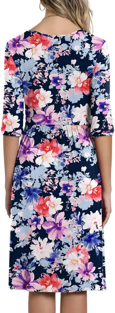 CATHY Women's 3/4 Sleeve 2025 Casual High Waist Round Neck Midi Dress with Pockets