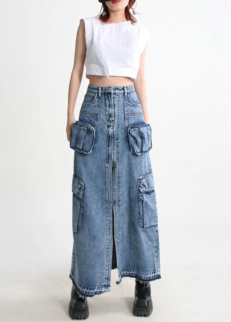 chouyatou Women's Front Split Cargo Jean Skirt Y2K High Waist Long Denim Skirt Streetwear with Pockets