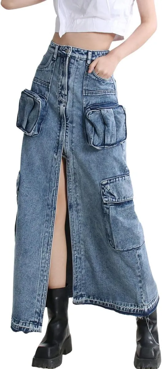 chouyatou Women's Front Split Cargo Jean Skirt Y2K High Waist Long Denim Skirt Streetwear with Pockets