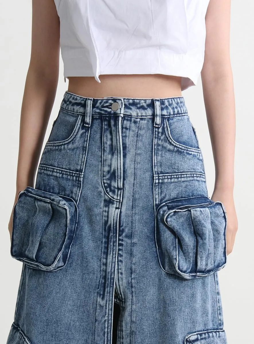 chouyatou Women's Front Split Cargo Jean Skirt Y2K High Waist Long Denim Skirt Streetwear with Pockets