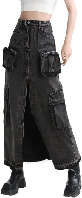 chouyatou Women's Front Split Cargo Jean Skirt Y2K High Waist Long Denim Skirt Streetwear with Pockets