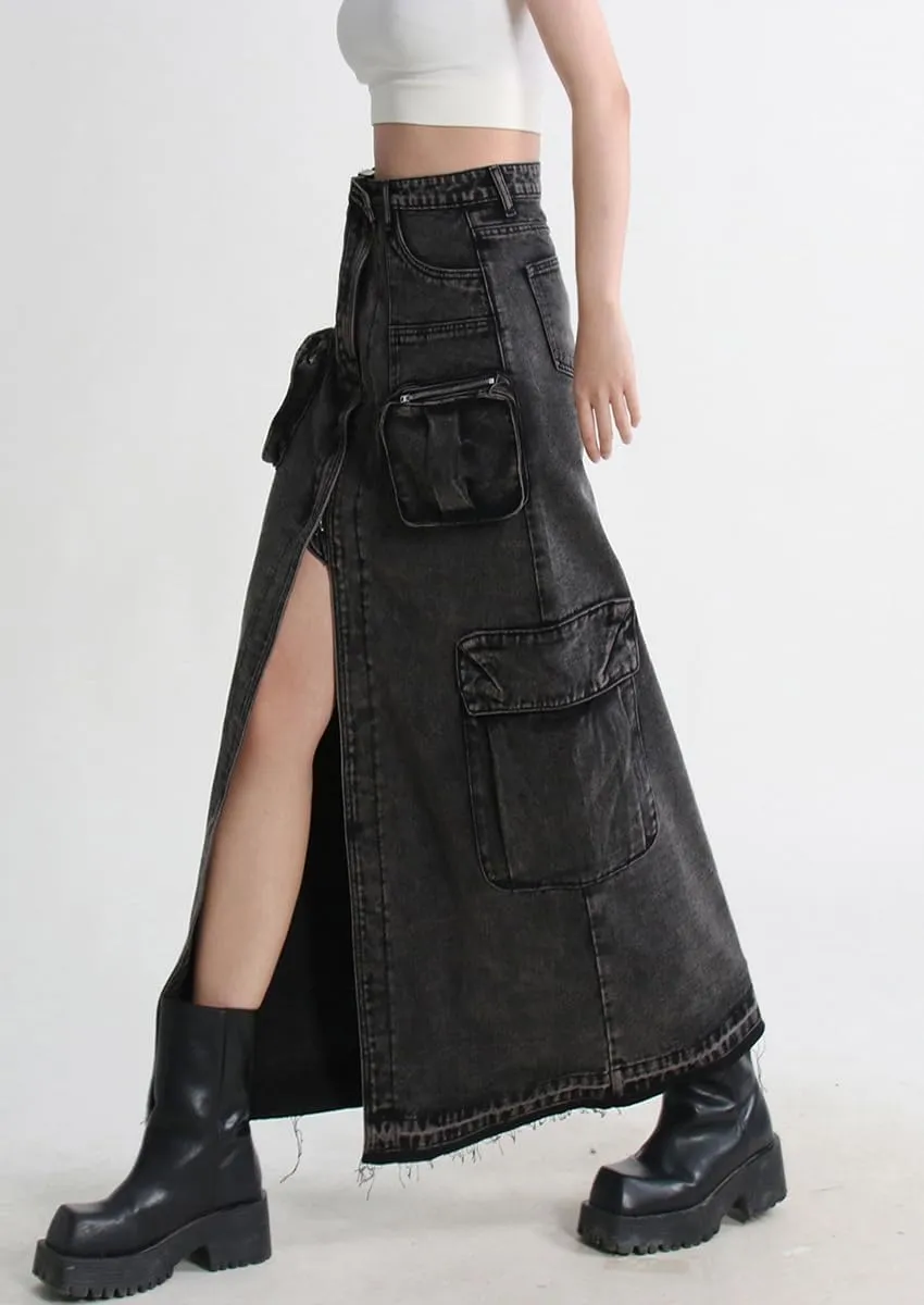 chouyatou Women's Front Split Cargo Jean Skirt Y2K High Waist Long Denim Skirt Streetwear with Pockets