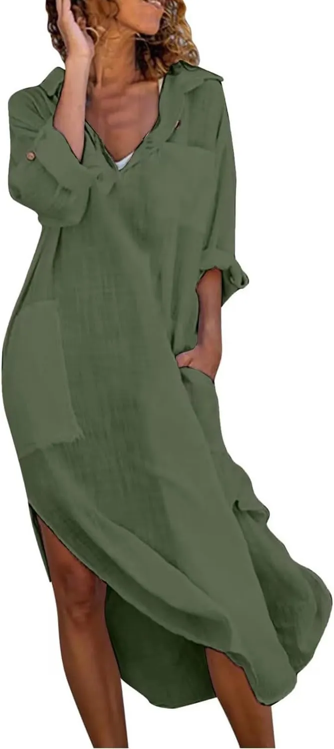 chouyatou Women's Spring Summer Cotton Linen Shirt Dress Button Down Casual Loose Maxi Shift Dress