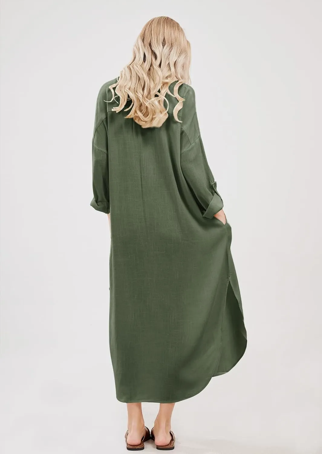 chouyatou Women's Spring Summer Cotton Linen Shirt Dress Button Down Casual Loose Maxi Shift Dress