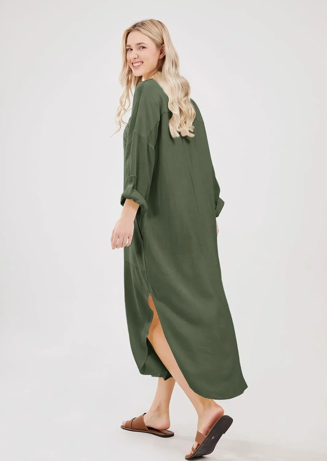 chouyatou Women's Spring Summer Cotton Linen Shirt Dress Button Down Casual Loose Maxi Shift Dress