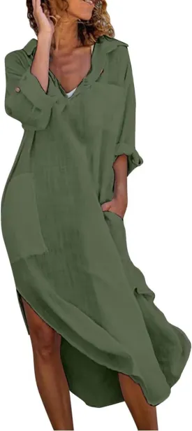 chouyatou Women's Spring Summer Cotton Linen Shirt Dress Button Down Casual Loose Maxi Shift Dress