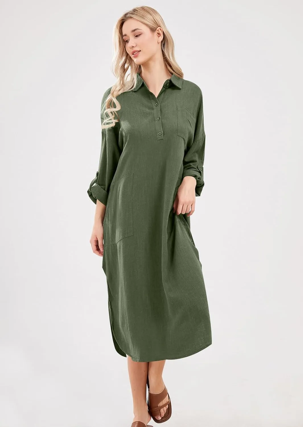 chouyatou Women's Spring Summer Cotton Linen Shirt Dress Button Down Casual Loose Maxi Shift Dress