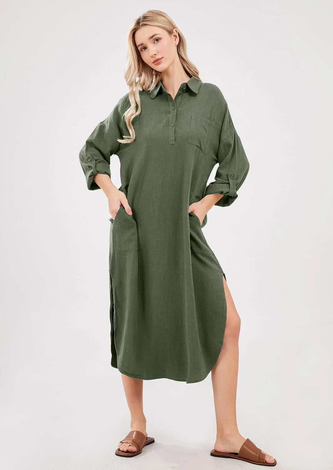 chouyatou Women's Spring Summer Cotton Linen Shirt Dress Button Down Casual Loose Maxi Shift Dress