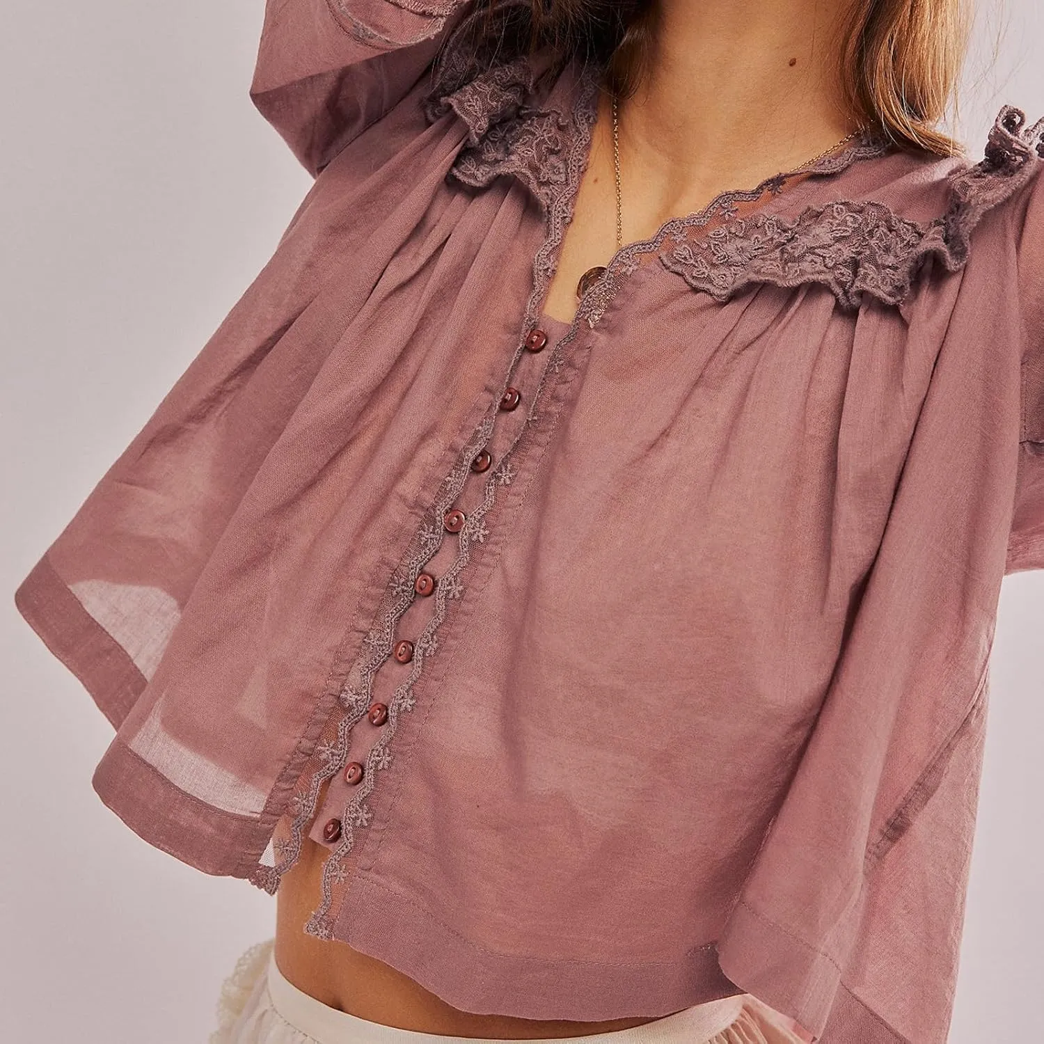 Cute Chiffon Shirt for Women Summer Ruffle Lace Trim Button Down V Neck Short Sleeve Blouse Y2K Sheer Mesh Crop Top