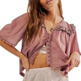 Cute Chiffon Shirt for Women Summer Ruffle Lace Trim Button Down V Neck Short Sleeve Blouse Y2K Sheer Mesh Crop Top