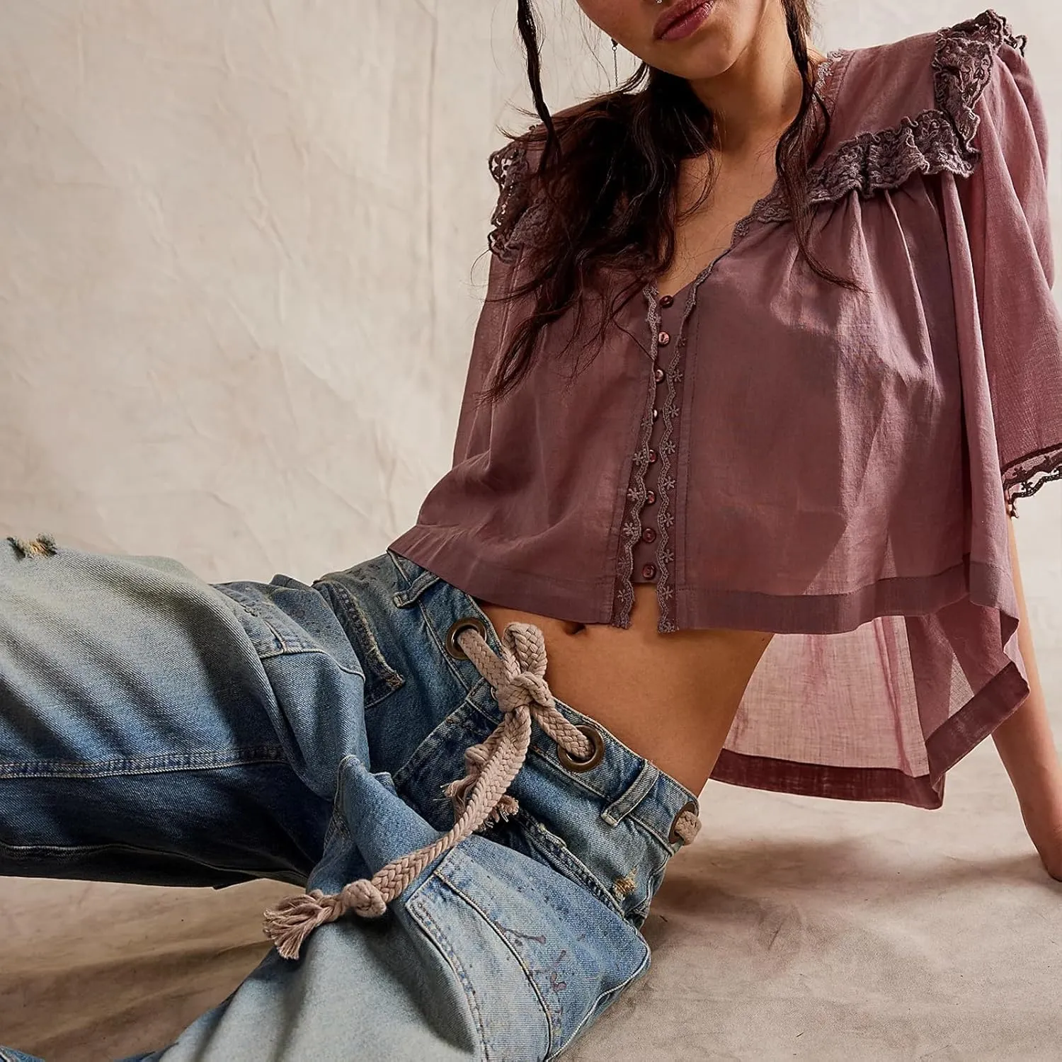 Cute Chiffon Shirt for Women Summer Ruffle Lace Trim Button Down V Neck Short Sleeve Blouse Y2K Sheer Mesh Crop Top
