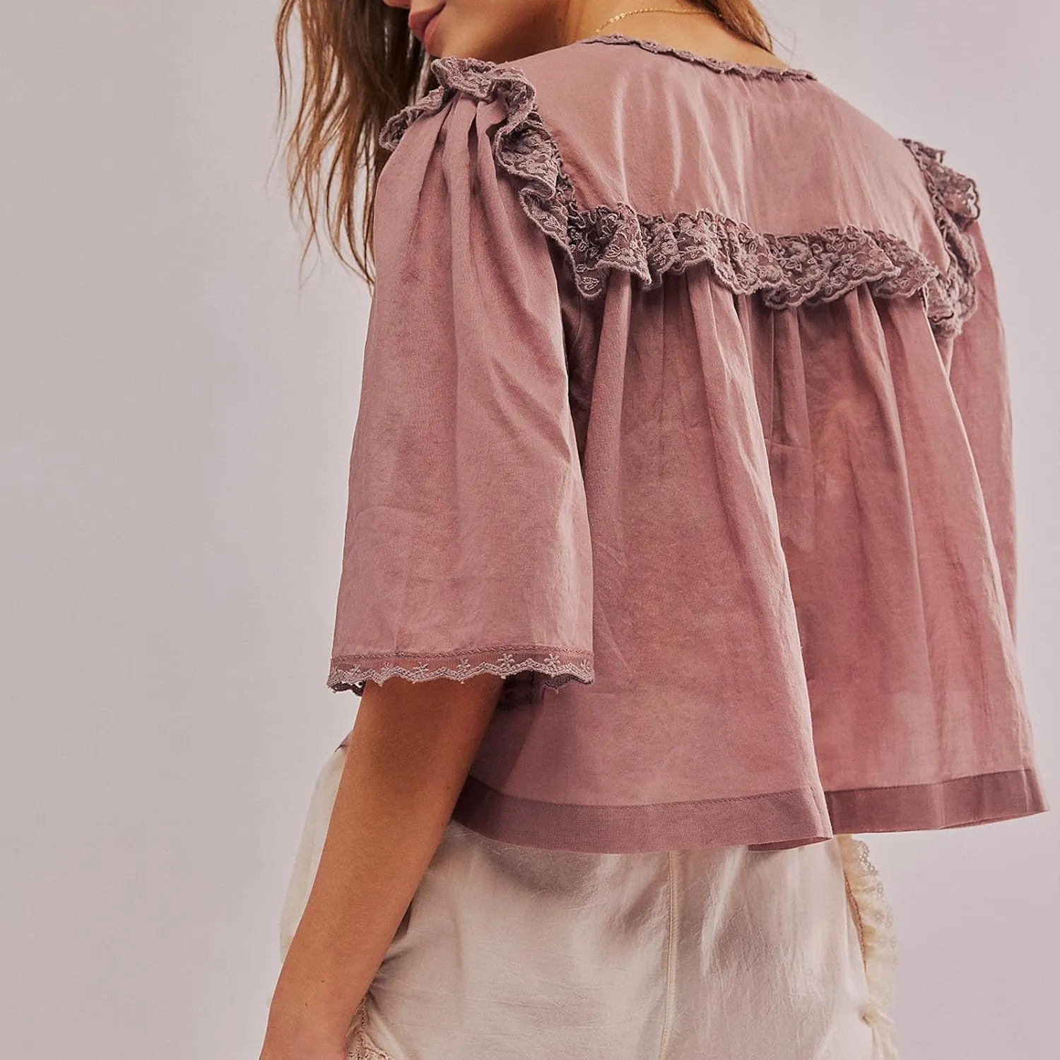Cute Chiffon Shirt for Women Summer Ruffle Lace Trim Button Down V Neck Short Sleeve Blouse Y2K Sheer Mesh Crop Top