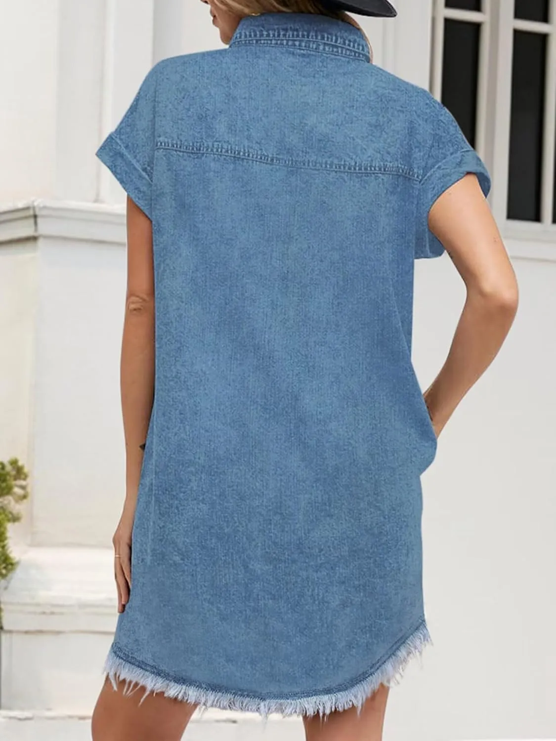 Denim Dress for Women 2025 Summer Dresses Loose Short Sleeve Button Up Jean Shirt Dress with Side Pockets Frayed Hem