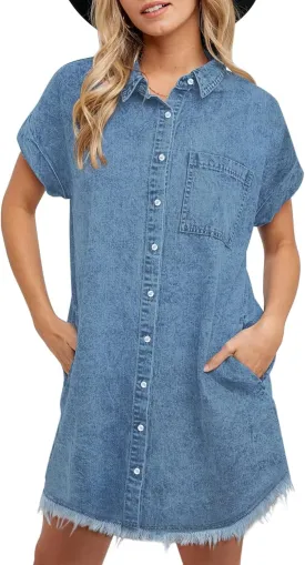 Denim Dress for Women 2025 Summer Dresses Loose Short Sleeve Button Up Jean Shirt Dress with Side Pockets Frayed Hem