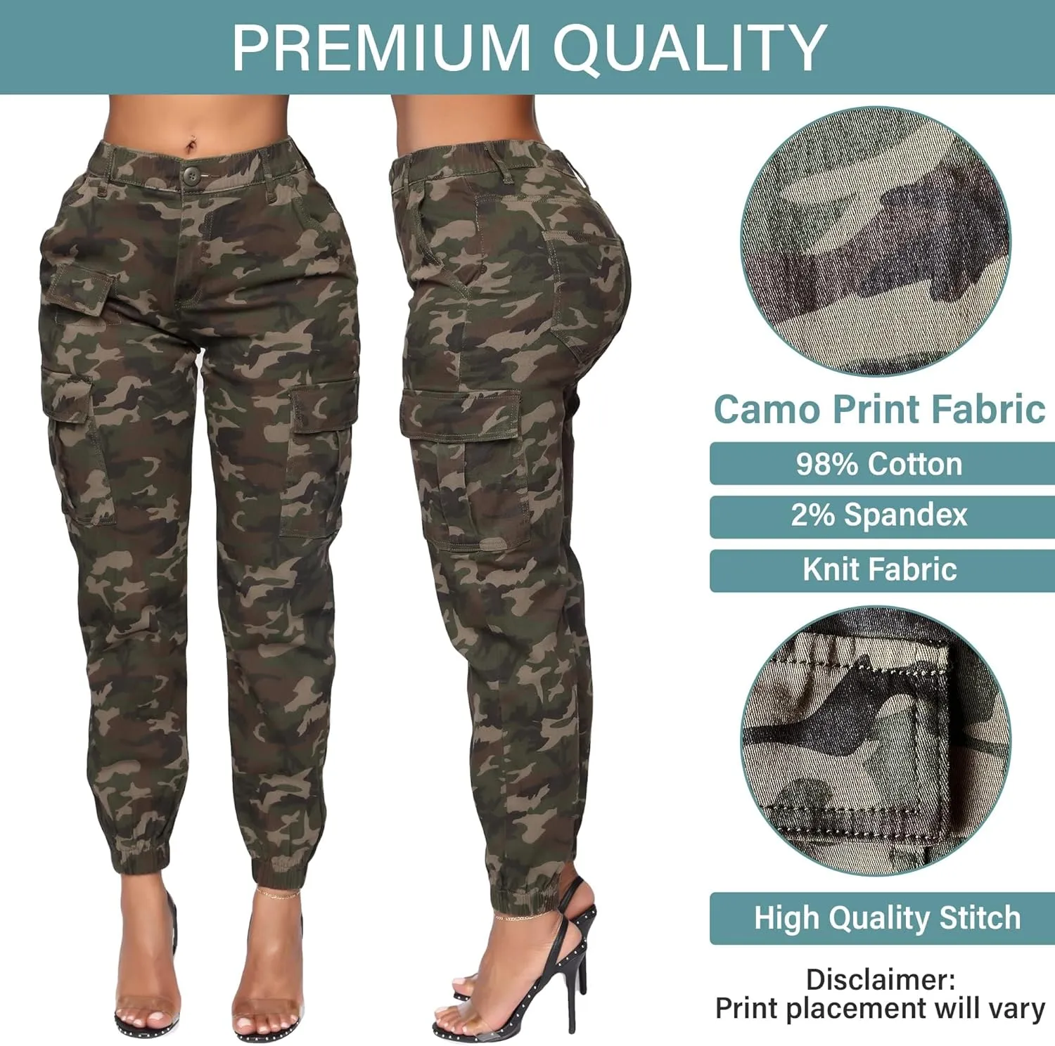 Double Denim January 5th Women's Plus Size High Waist Camouflage Cargo Jogger Elastic Waistband Casual Tapered Pants