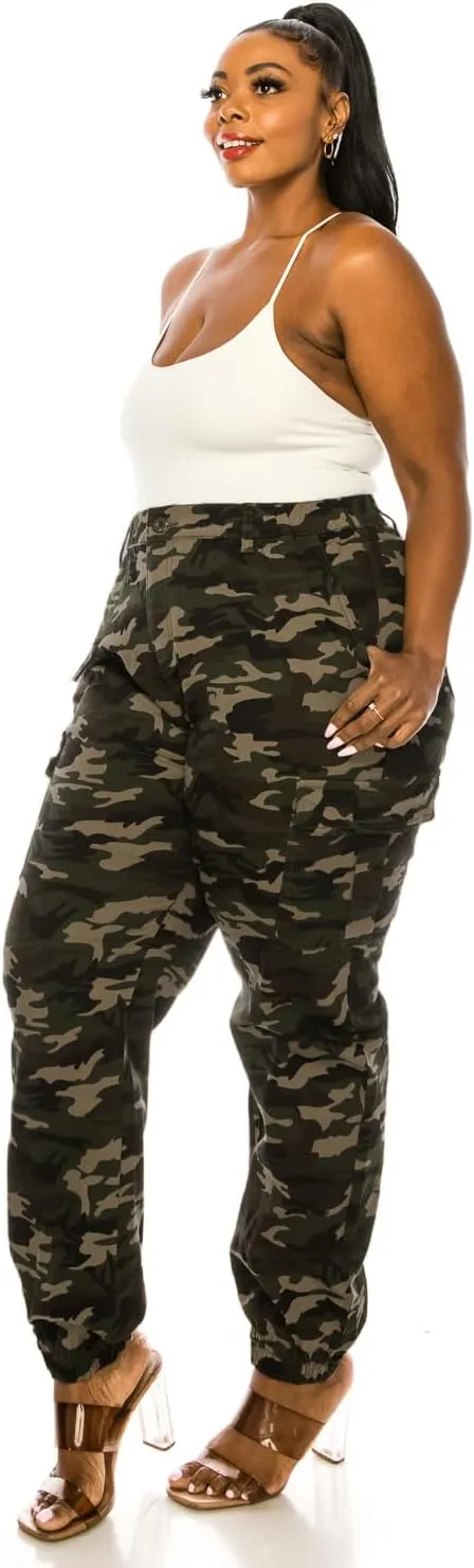 Double Denim January 5th Women's Plus Size High Waist Camouflage Cargo Jogger Elastic Waistband Casual Tapered Pants