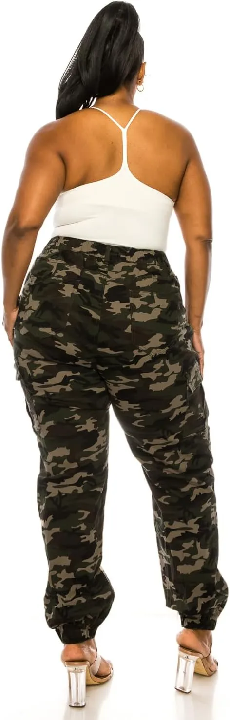 Double Denim January 5th Women's Plus Size High Waist Camouflage Cargo Jogger Elastic Waistband Casual Tapered Pants