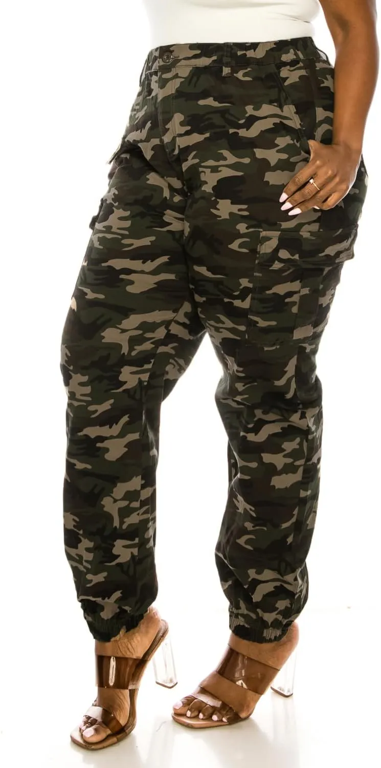 Double Denim January 5th Women's Plus Size High Waist Camouflage Cargo Jogger Elastic Waistband Casual Tapered Pants