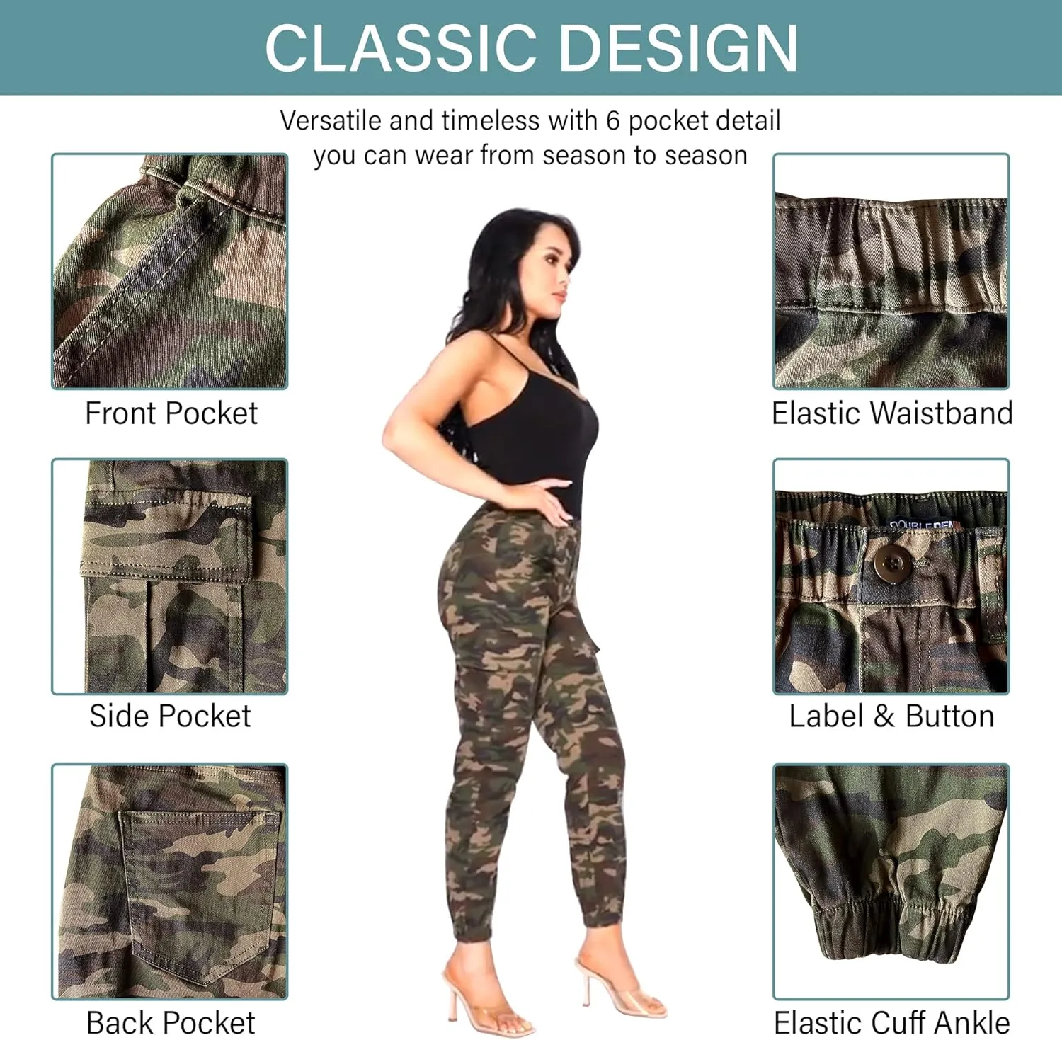 Double Denim January 5th Women's Plus Size High Waist Camouflage Cargo Jogger Elastic Waistband Casual Tapered Pants