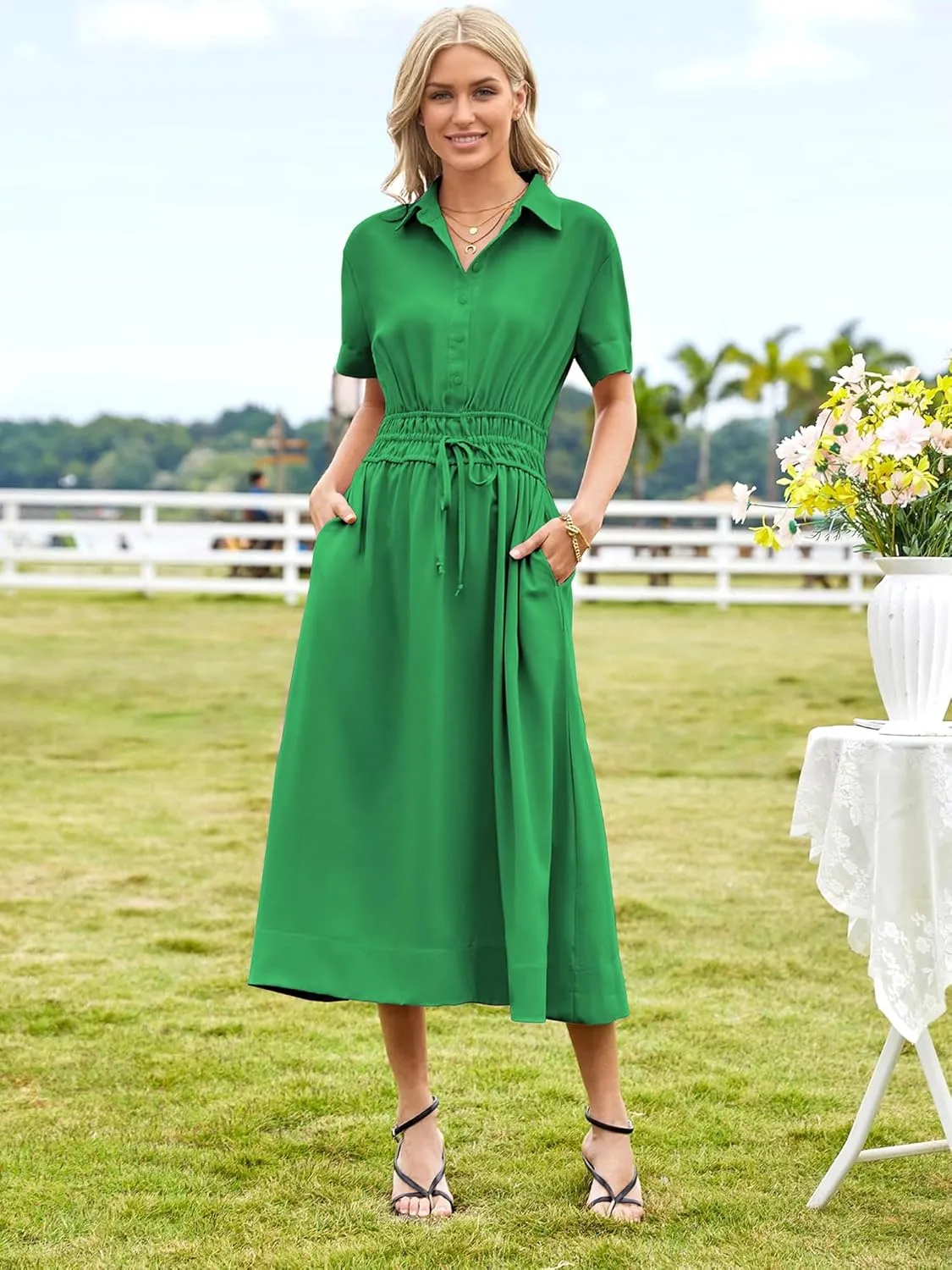 ECOWISH Womens Midi Dress Short Sleeve V Neck Button Front Casual Flowy A-Line Shirt Dresses with Pockets for Summer Spring