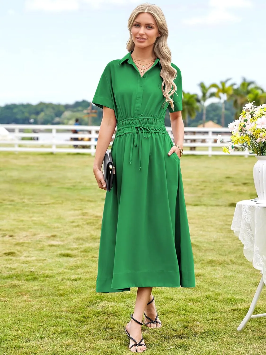ECOWISH Womens Midi Dress Short Sleeve V Neck Button Front Casual Flowy A-Line Shirt Dresses with Pockets for Summer Spring