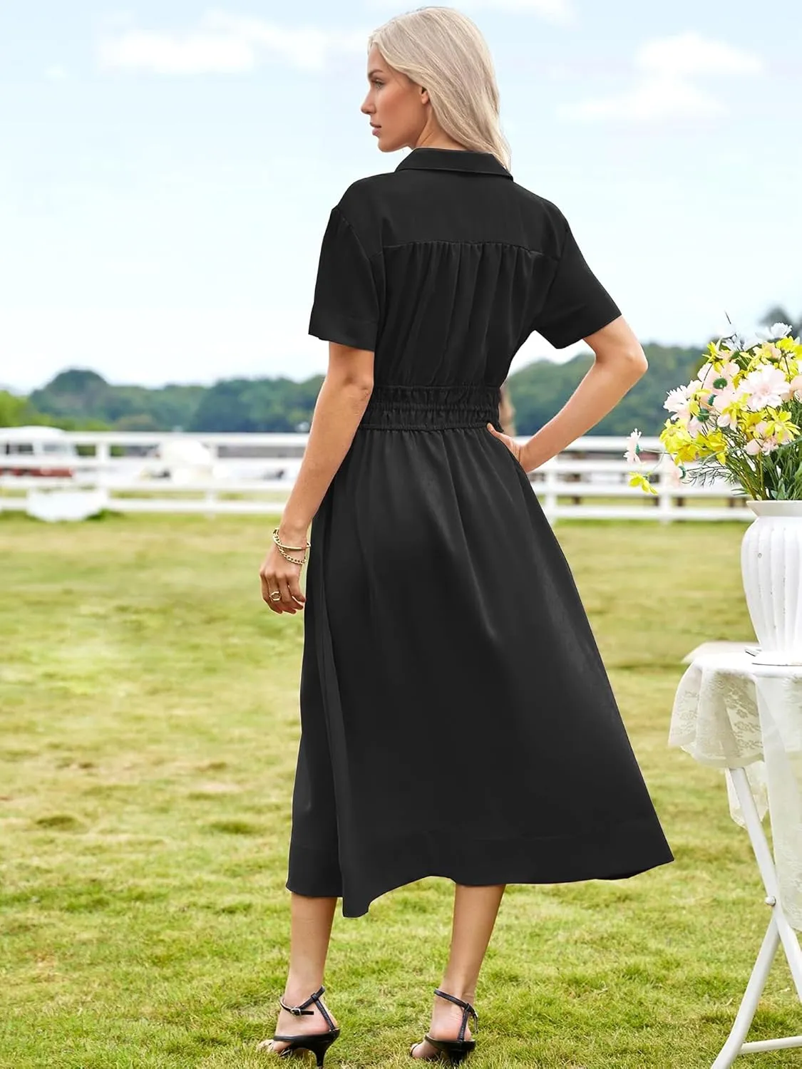 ECOWISH Womens Midi Dress Short Sleeve V Neck Button Front Casual Flowy A-Line Shirt Dresses with Pockets for Summer Spring