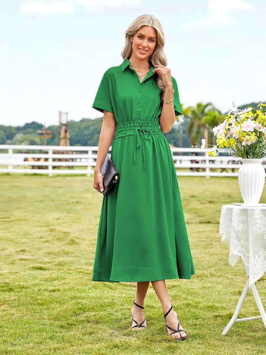 ECOWISH Womens Midi Dress Short Sleeve V Neck Button Front Casual Flowy A-Line Shirt Dresses with Pockets for Summer Spring