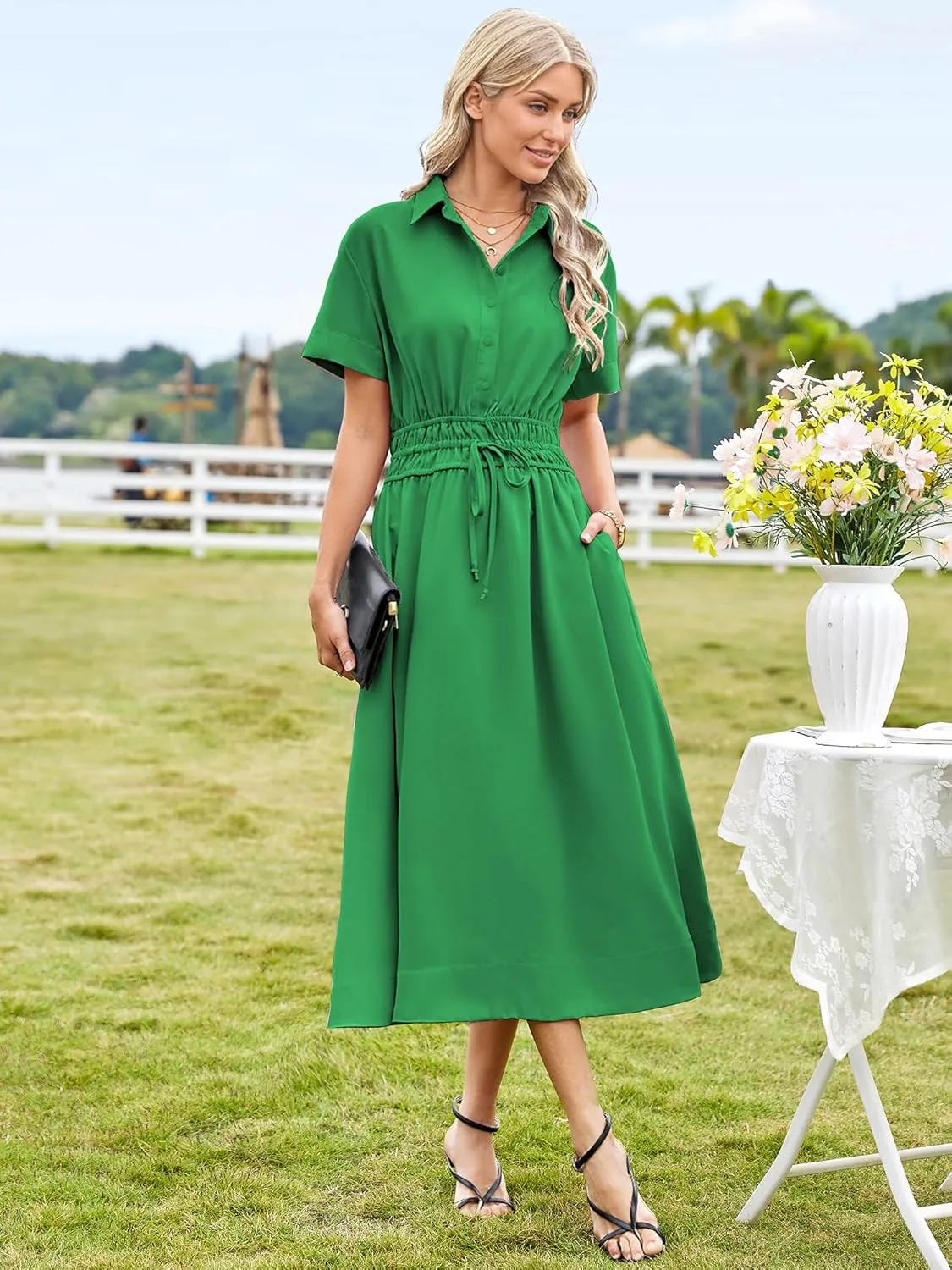 ECOWISH Womens Midi Dress Short Sleeve V Neck Button Front Casual Flowy A-Line Shirt Dresses with Pockets for Summer Spring