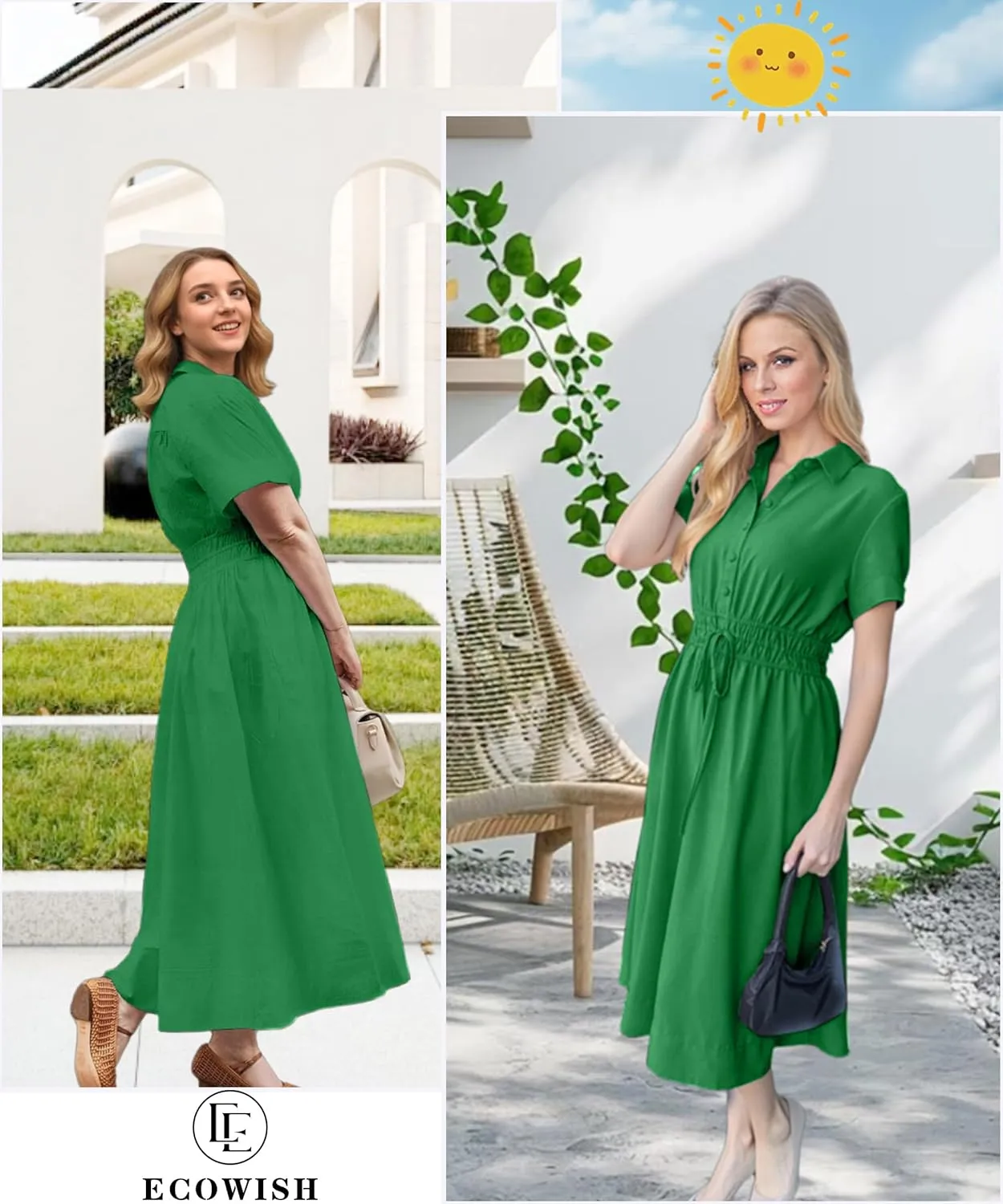 ECOWISH Womens Midi Dress Short Sleeve V Neck Button Front Casual Flowy A-Line Shirt Dresses with Pockets for Summer Spring