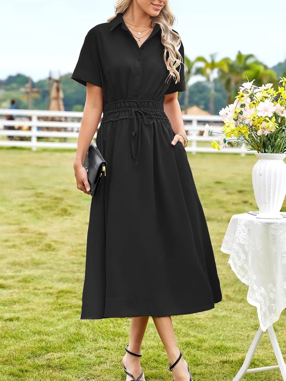 ECOWISH Womens Midi Dress Short Sleeve V Neck Button Front Casual Flowy A-Line Shirt Dresses with Pockets for Summer Spring