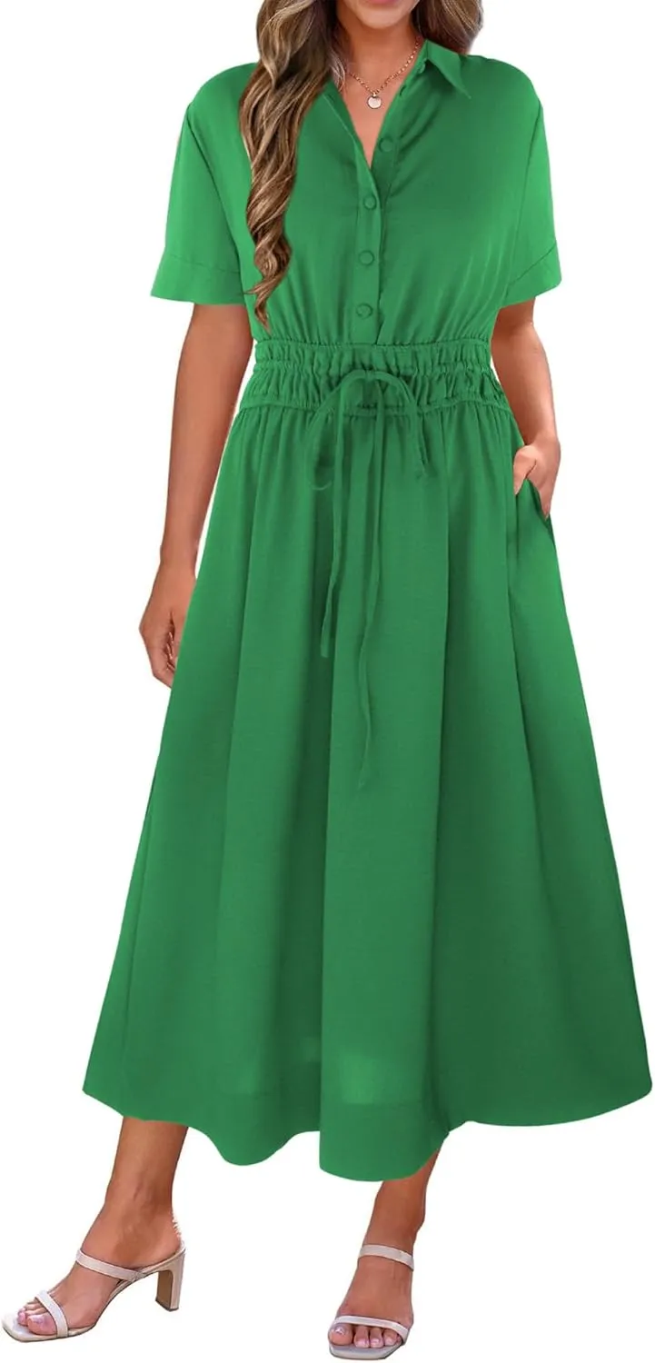 ECOWISH Womens Midi Dress Short Sleeve V Neck Button Front Casual Flowy A-Line Shirt Dresses with Pockets for Summer Spring