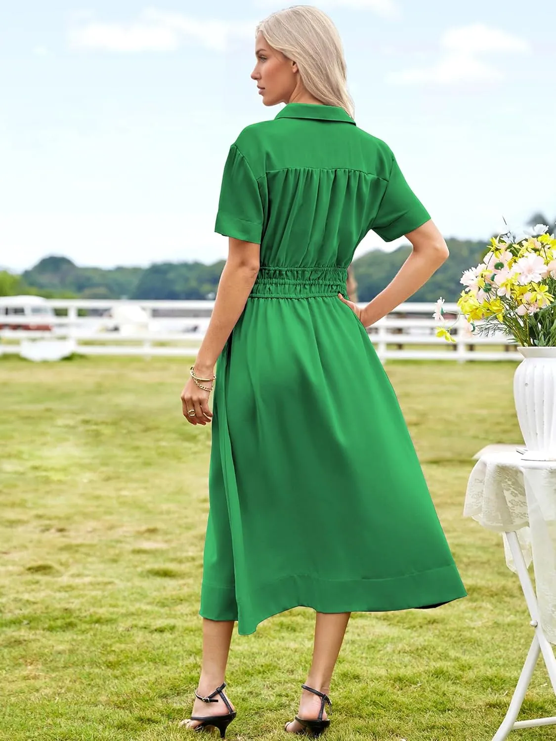 ECOWISH Womens Midi Dress Short Sleeve V Neck Button Front Casual Flowy A-Line Shirt Dresses with Pockets for Summer Spring