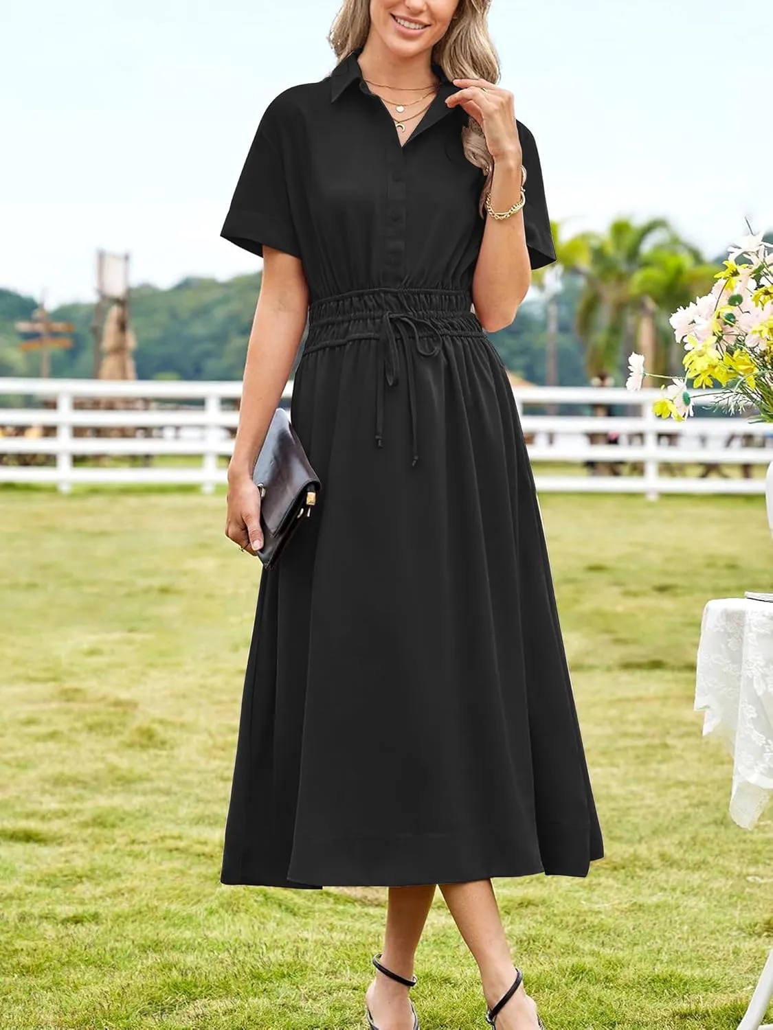 ECOWISH Womens Midi Dress Short Sleeve V Neck Button Front Casual Flowy A-Line Shirt Dresses with Pockets for Summer Spring