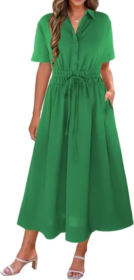 ECOWISH Womens Midi Dress Short Sleeve V Neck Button Front Casual Flowy A-Line Shirt Dresses with Pockets for Summer Spring