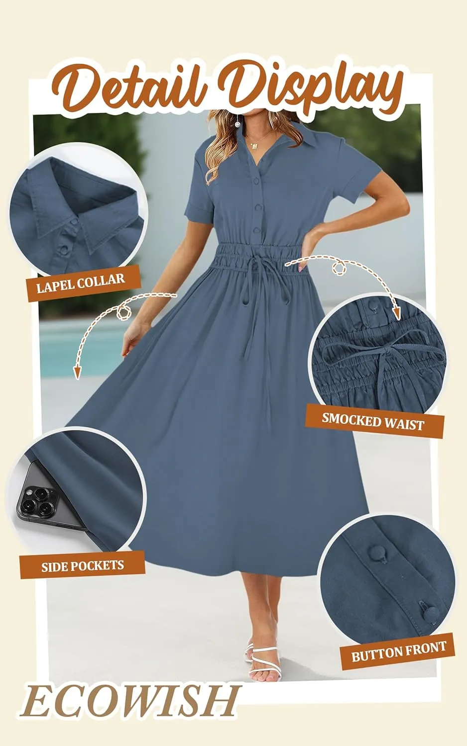 ECOWISH Womens Midi Dress Short Sleeve V Neck Button Front Casual Flowy A-Line Shirt Dresses with Pockets for Summer Spring